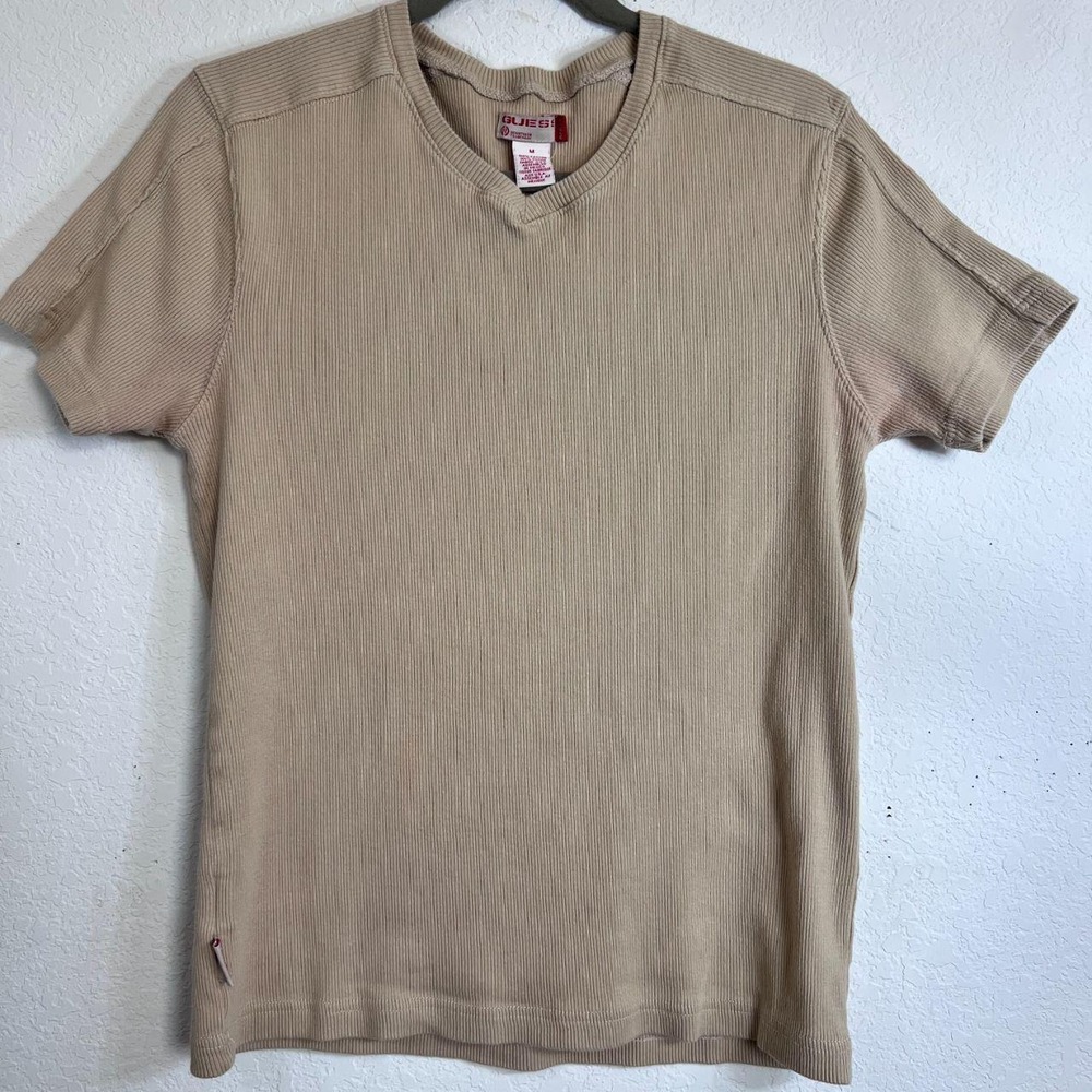 Vintage GUESS Beige Ribbed V Neck‎ Baby Tee Size M Y2K 90s